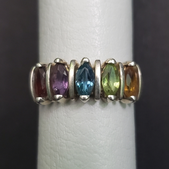 Vintage Sterling Garnet Amethyst Blue Topaz Peridot Citrine Ring Size 8 - Picture 1 of 1